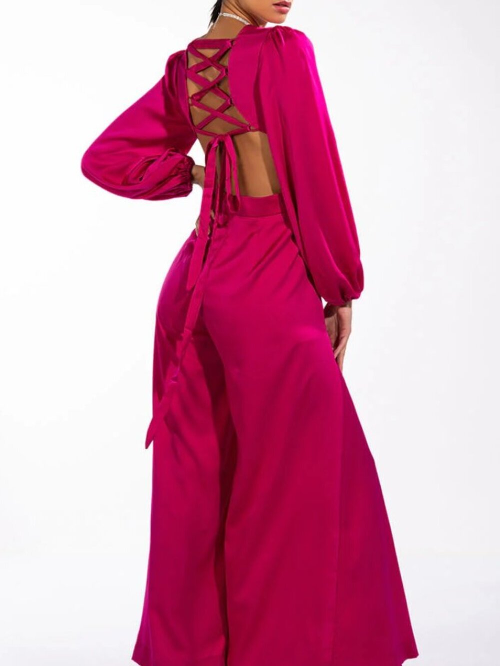 NWT AKIRA Hot Pink Satin Jumpsuit with Lace-Up Back Glam Wide Leg Statement - Picture 3 of 16